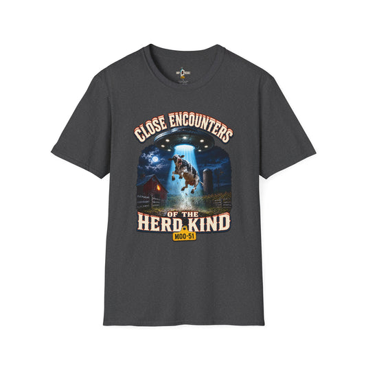 UFO tractor beam lifting a cow on Close Encounters graphic tee mockup