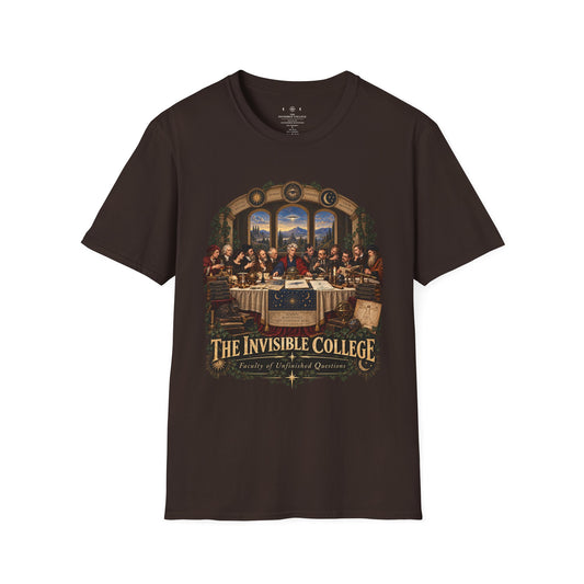 Dark Chocolate Invisible College Faculty of Unfinished Questions T-shirt, front view