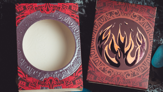 Atlantis Fire Playing Cards double-layer sleeve tuck box with embossed red flame artwork and circular cutout window