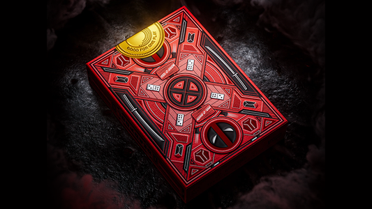 Deadpool Playing Cards by theory11 Marvel collector deck tuck case with red and black Deadpool symbol design and gold seal on dark background