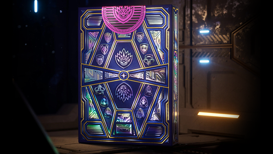 Guardians of the Galaxy playing cards by theory11 featuring holographic foil tuck case with cosmic geometric design on a sci-fi background