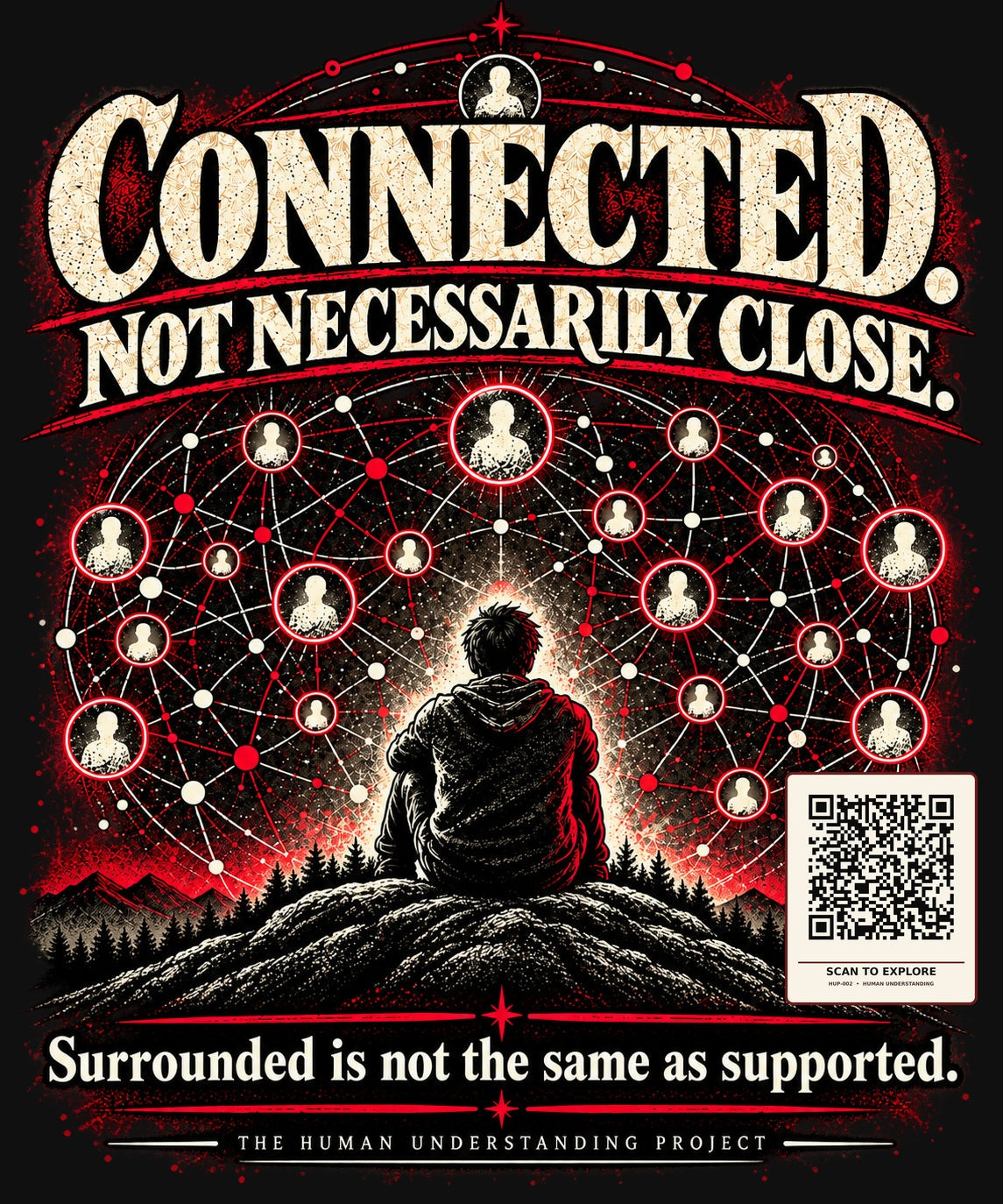 Detailed Connected. Not Necessarily Close. art and verified QR to the dedicated HUP-002 loneliness and connection research page.