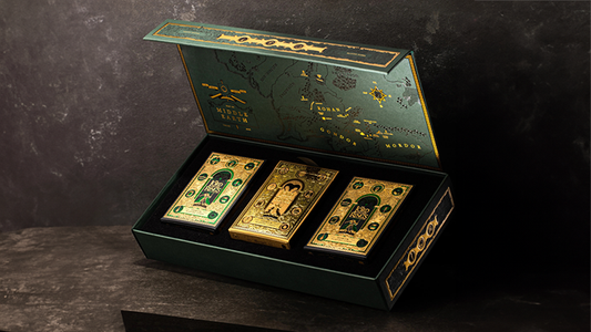 Lord of the Rings playing cards box set by theory11 opened showing Fellowship, Mordor, and Shire decks inside green collector case