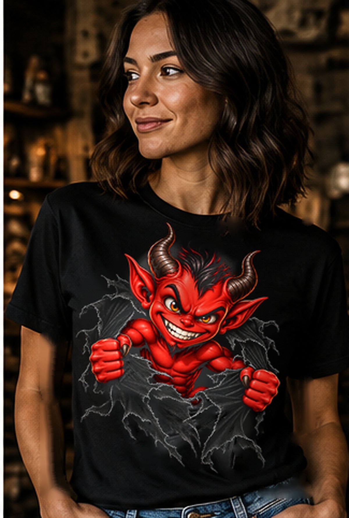 Ripping Imp black graphic T-shirt on female lifestyle model, original IMP-POSSIBLE imp tearing through front