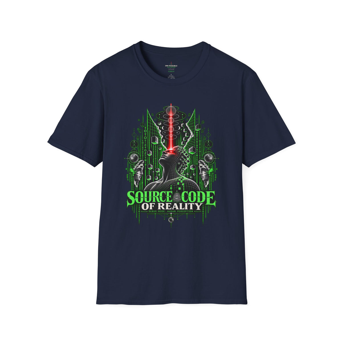 Front view of the navy Source Code of Reality T-shirt with a green simulation-themed graphic.