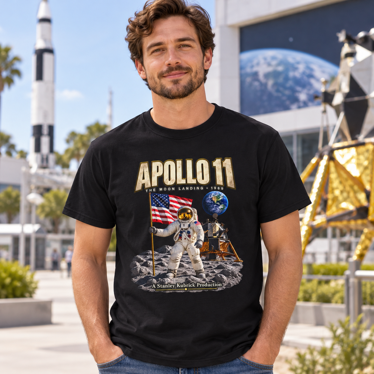 Person wearing Apollo 11 Moon Landing Parody T-Shirt in Black
