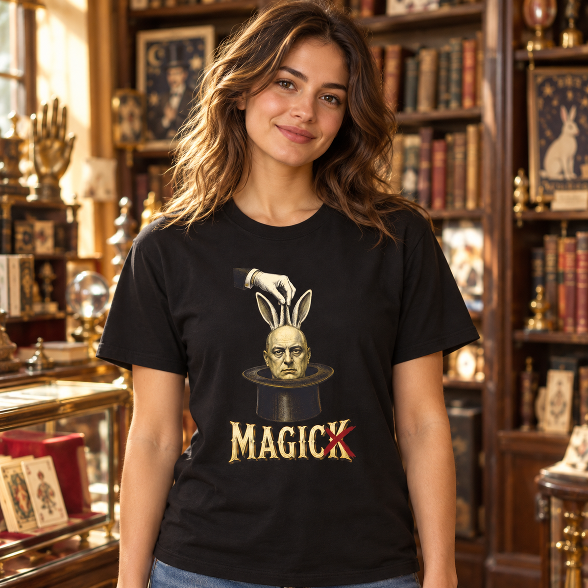 Person wearing Aleister Crowley Magick T-Shirt – Occult Magic Parody in Black