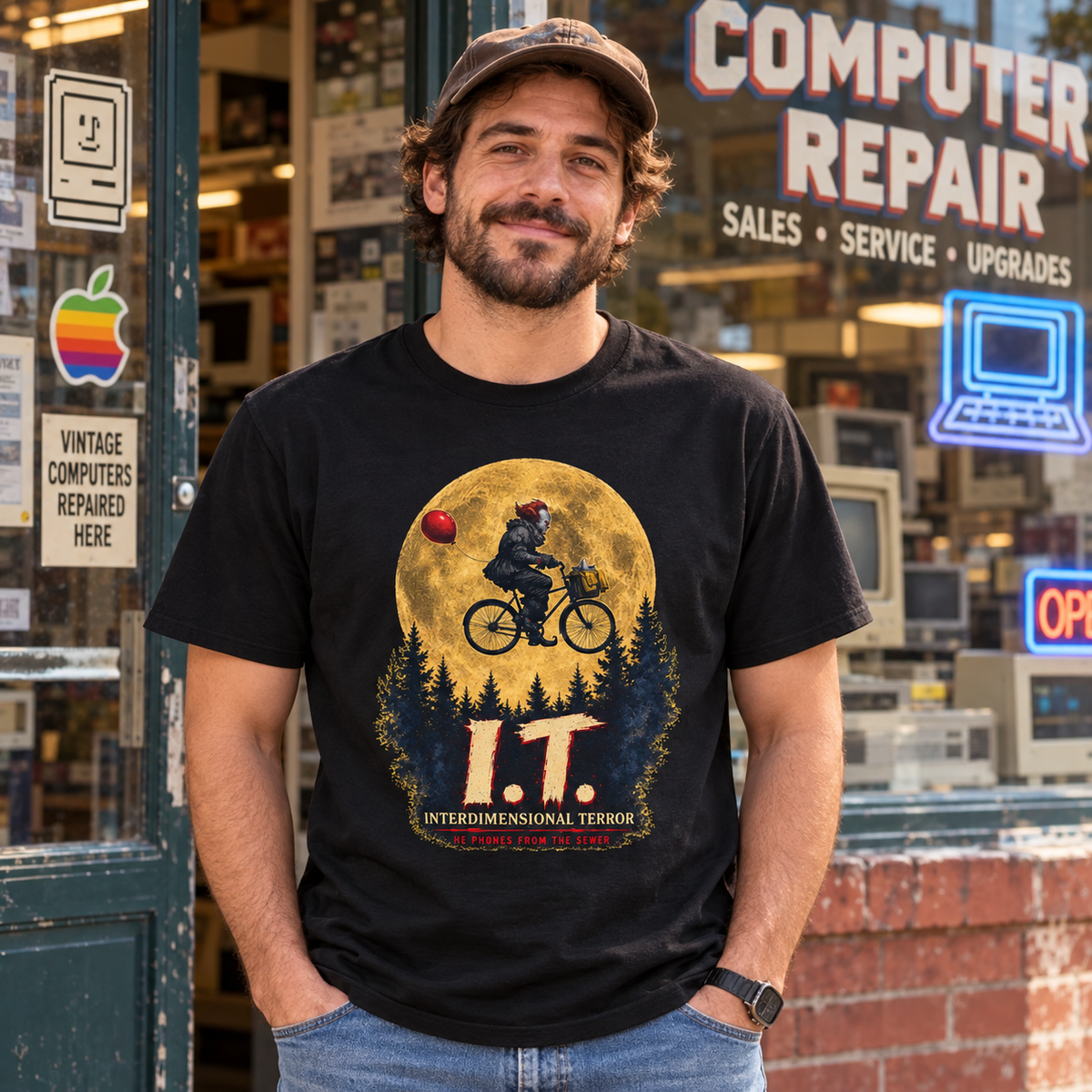 Person wearing I.T. Interdimensional Terror Horror Parody T-Shirt in Black