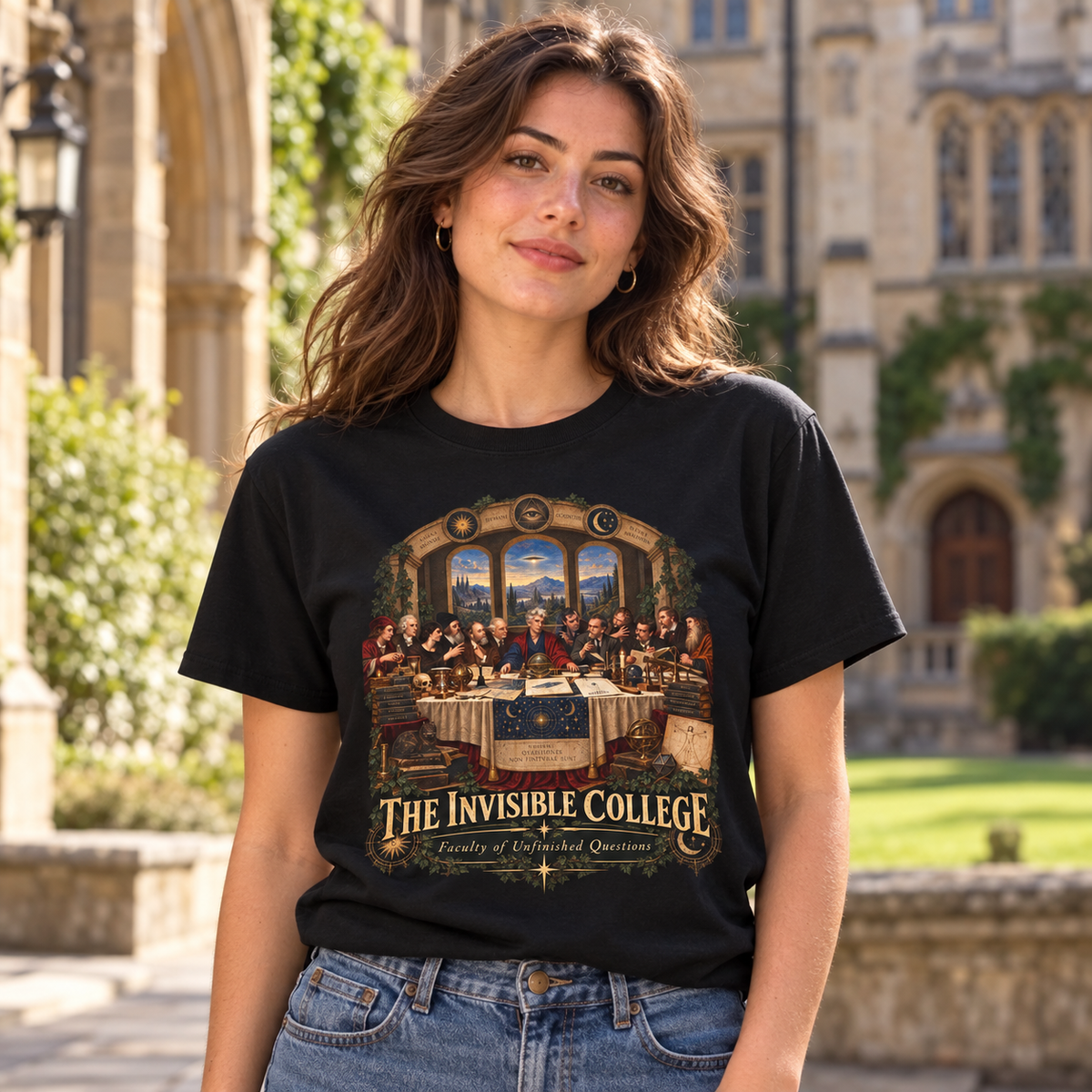 Person wearing The Invisible College – Faculty of Unfinished Questions T-Shirt in Black