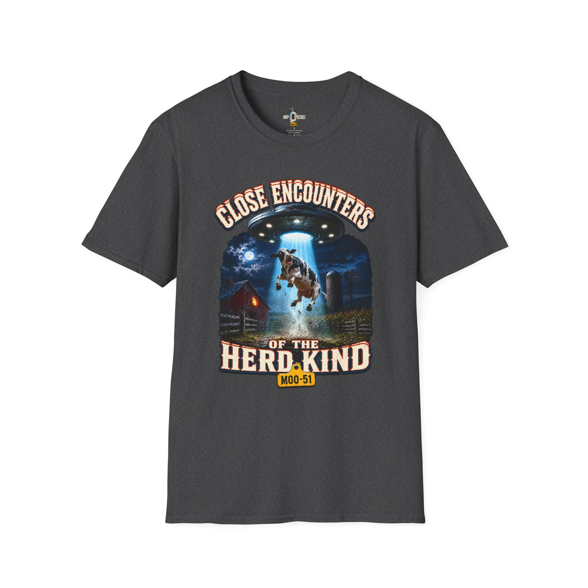 UFO tractor beam lifting a cow on Close Encounters graphic tee mockup