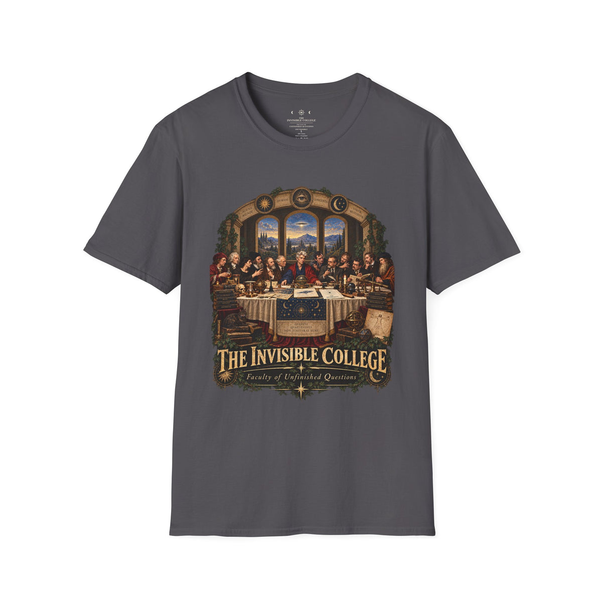 The Invisible College Faculty of Unfinished Questions graphic tee – product mockup