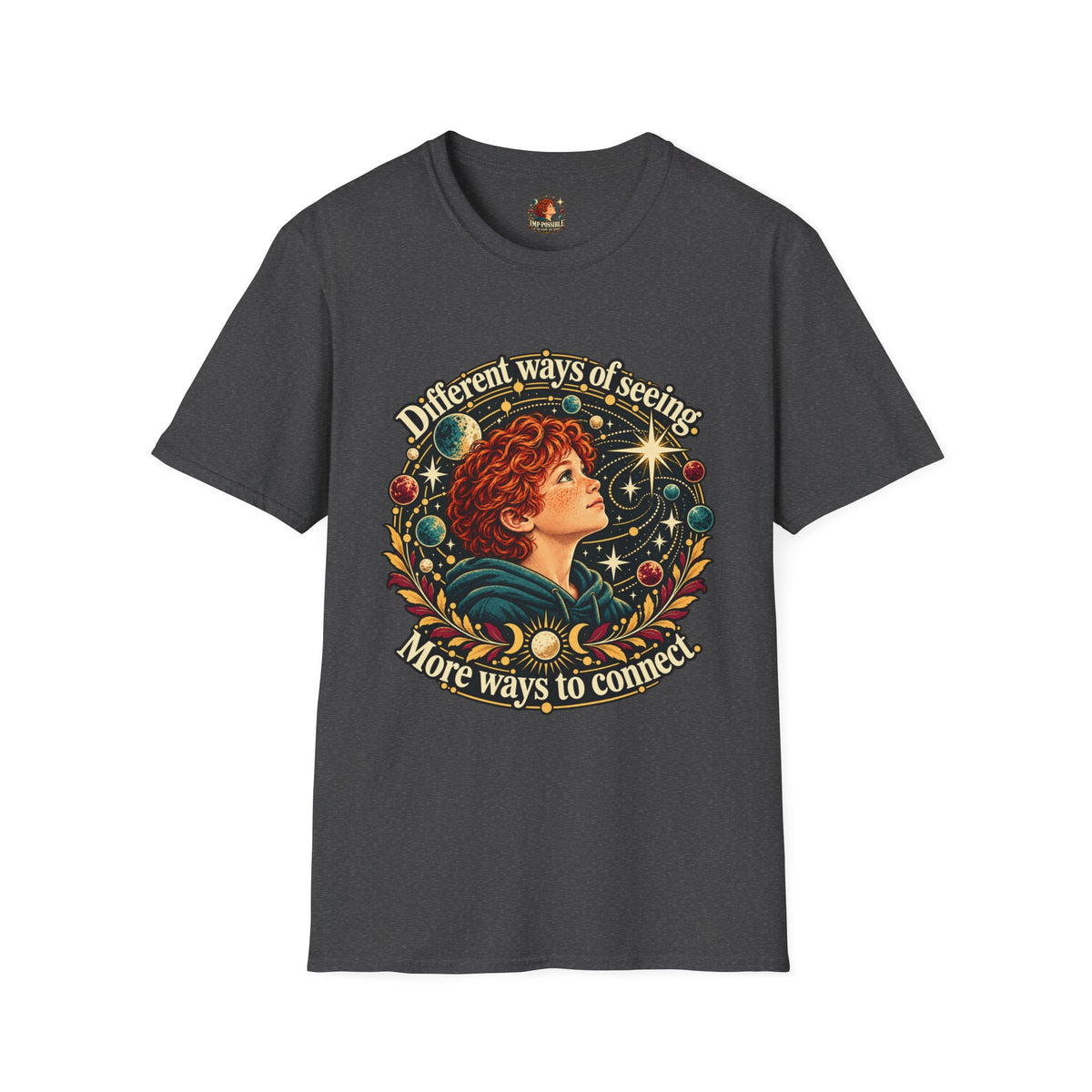 Graphite Heather Gildan Softstyle 64000 T-shirt front view with the celestial child design.