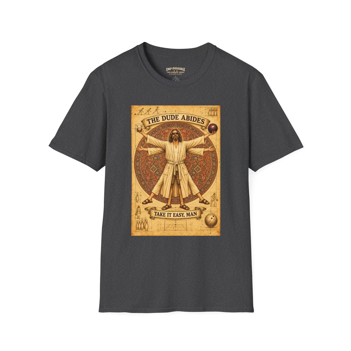 Dark Heather The Dude Abides T-shirt, front view with golden bowling artwork.
