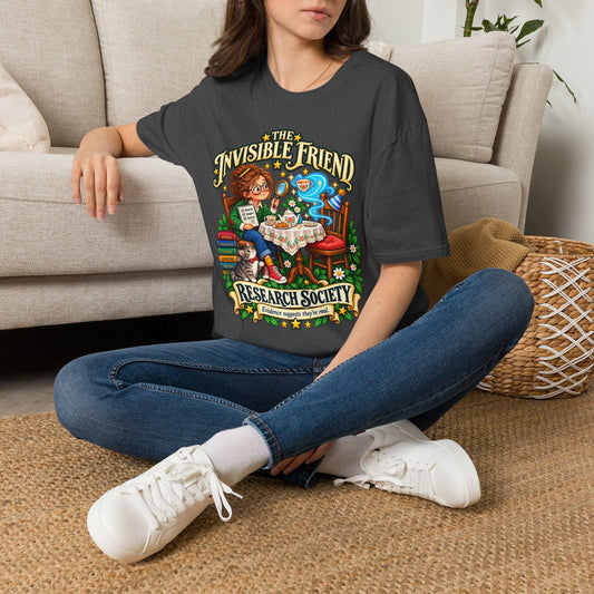 Dark Heather Invisible Friend Research Society T-shirt, front view