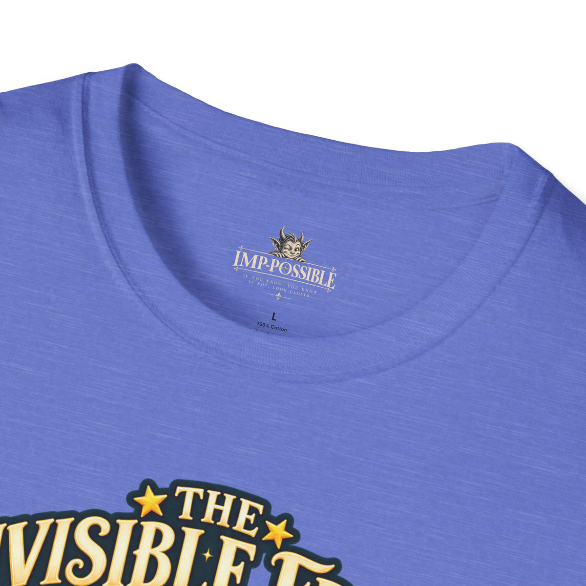 Close-up of the periwinkle blue shirt neckline showing the IMP-POSSIBLE inner label and upper edge of the graphic.