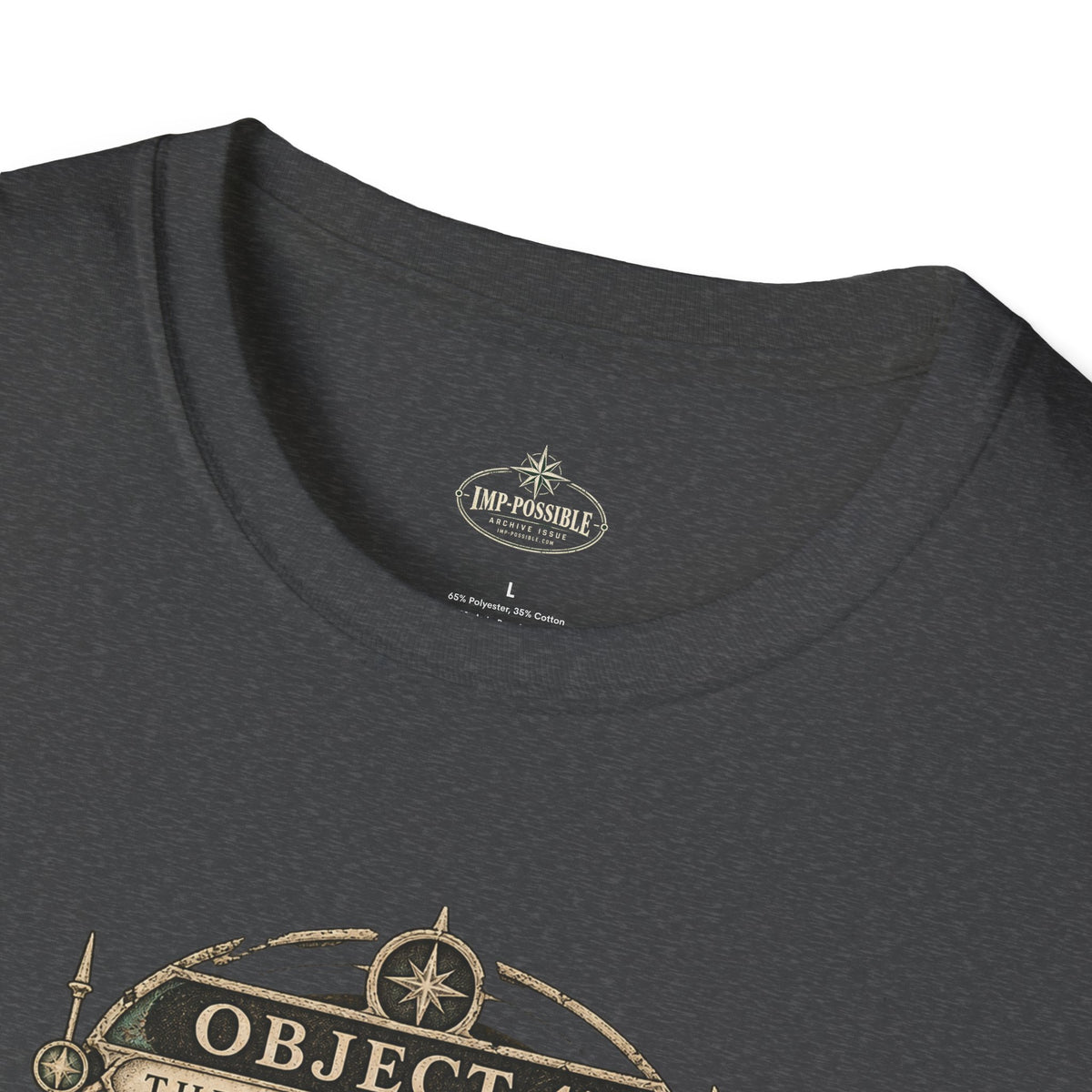 Dark Heather Object 47 T-shirt with custom IMP-POSSIBLE neck label