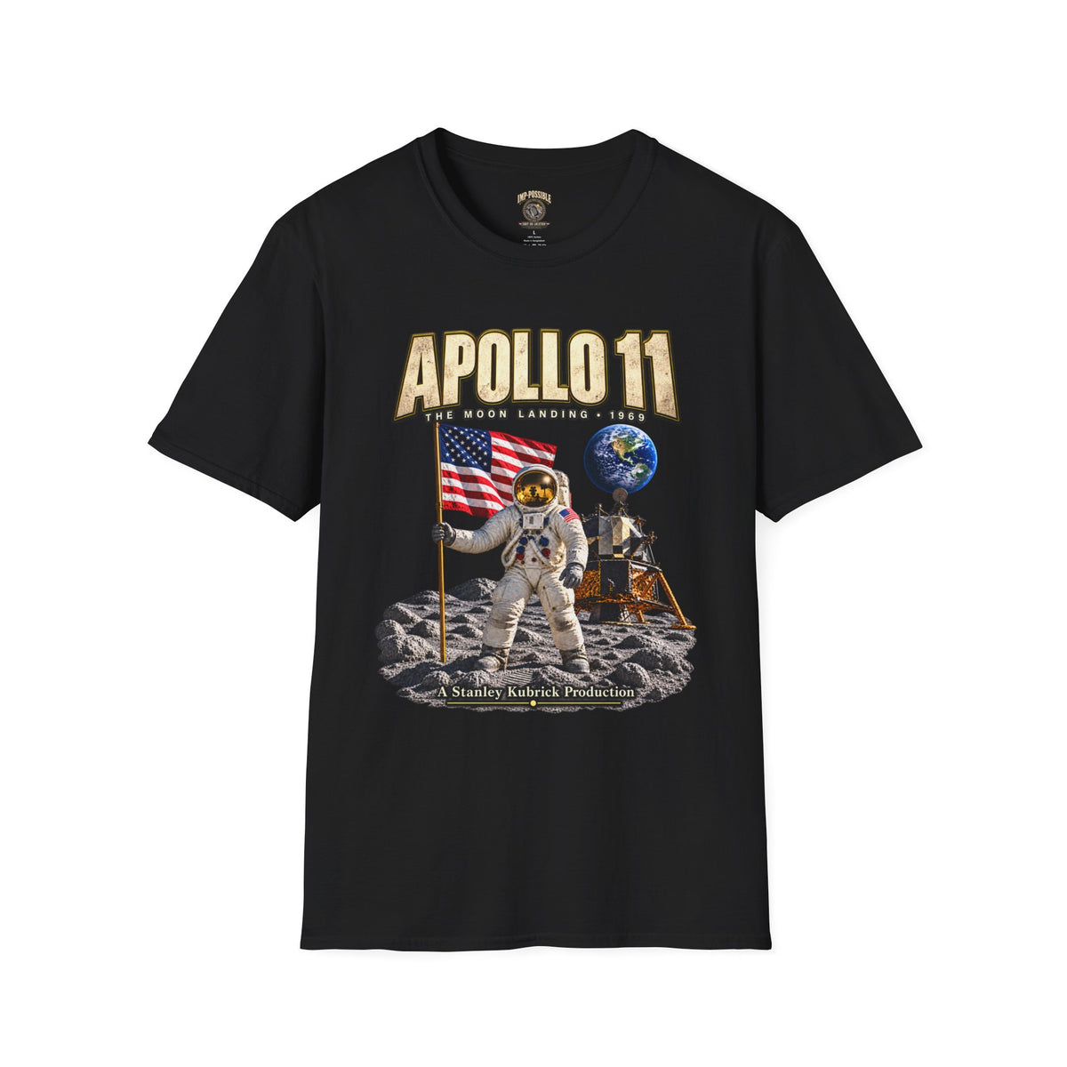 Apollo 11 moon landing parody T-shirt in Black – front product mockup