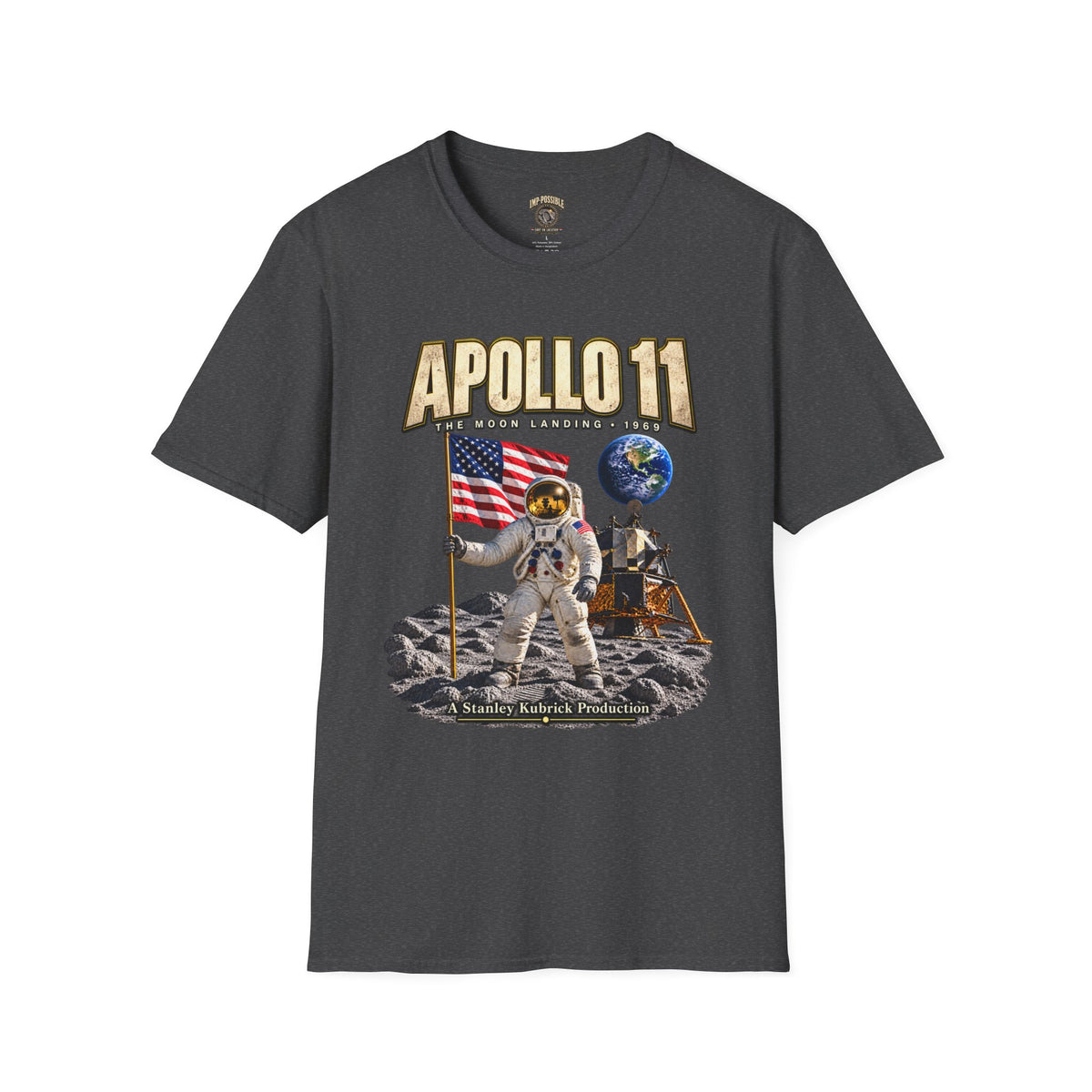 Dark Heather Apollo 11 moon landing parody T-shirt front mockup