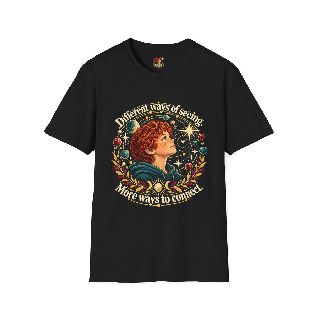 Black Gildan Softstyle 64000 T-shirt front view with the celestial red-haired child design.