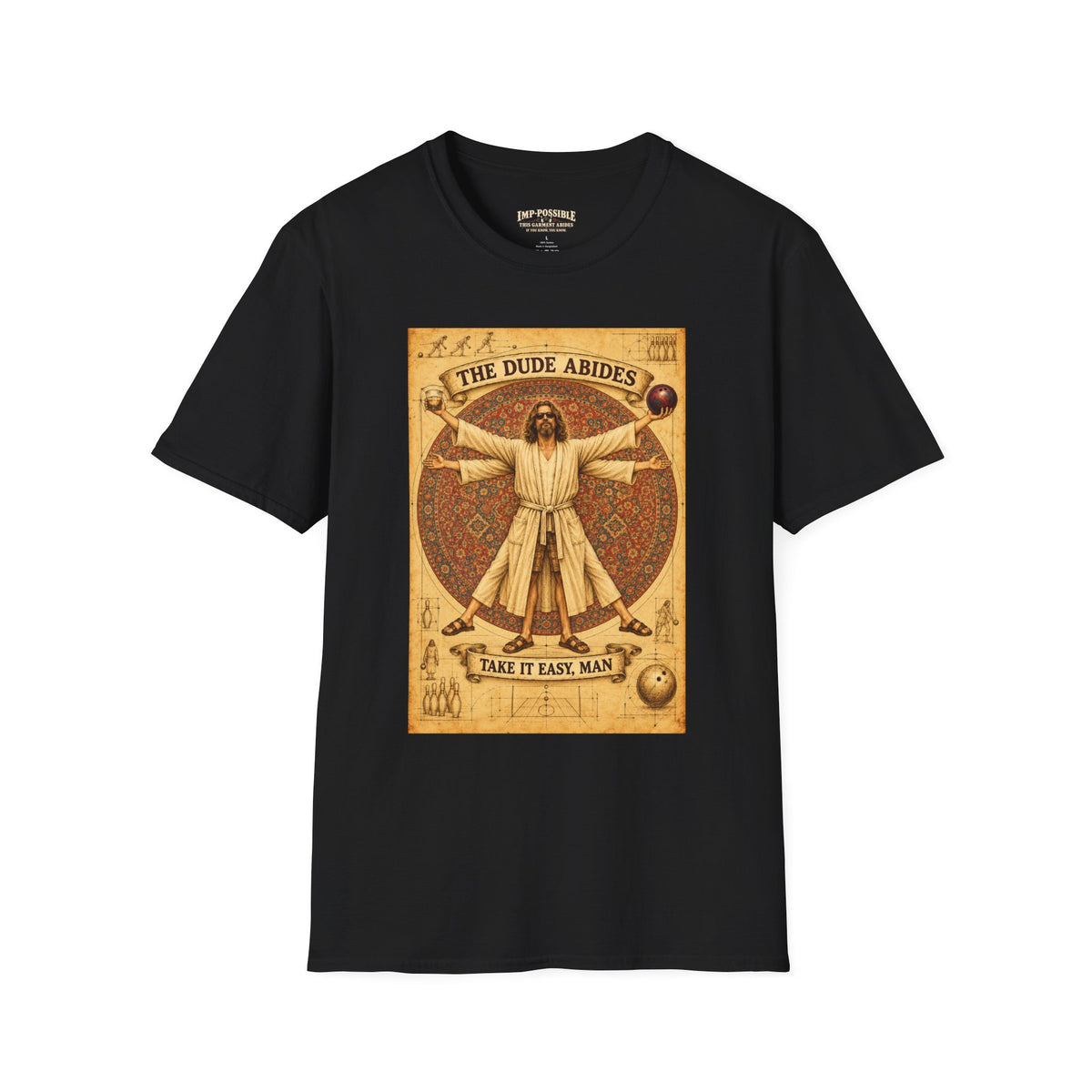 Black The Dude Abides T-shirt, front view with golden Vitruvian-style bowling artwork.
