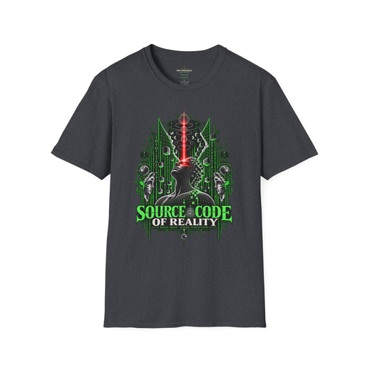 Neon source code and red laser graphic tee product mockup