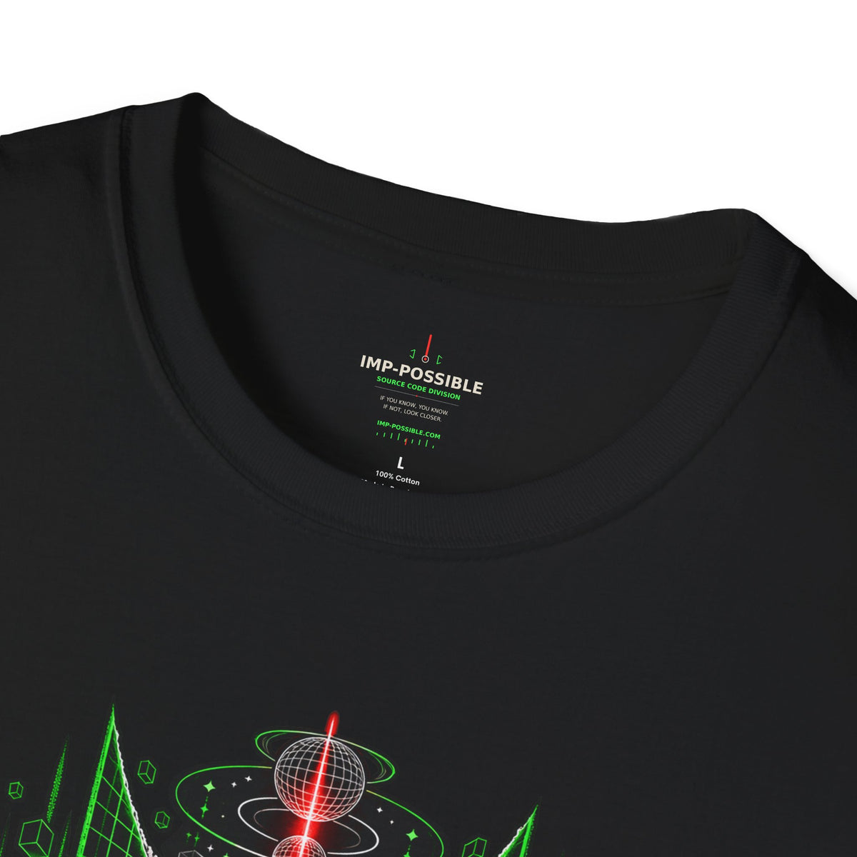 Close-up of the black shirt neckline showing its IMP-POSSIBLE inner label and part of the green front graphic.