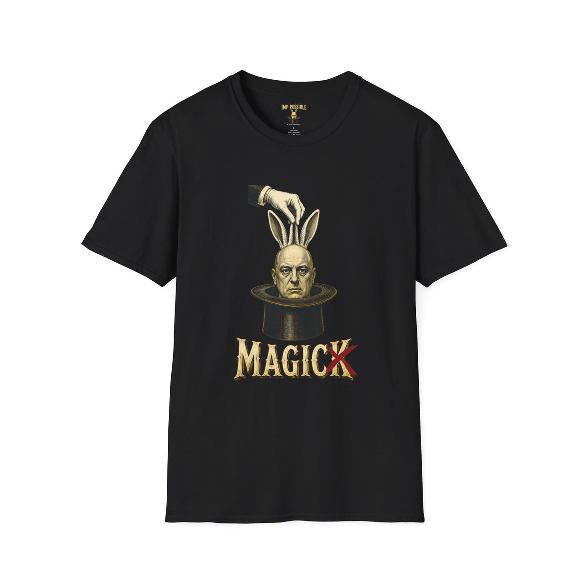 Black Aleister Crowley Magick T-shirt featuring Crowley with rabbit ears emerging from a magician’s top hat
