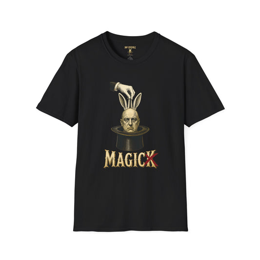 Black Aleister Crowley Magick T-shirt featuring Crowley with rabbit ears emerging from a magician’s top hat