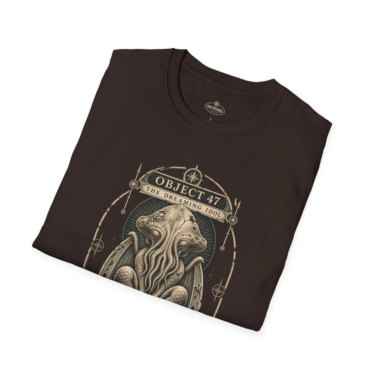 Dark Chocolate Object 47 The Dreaming Idol graphic T-shirt, folded mockup