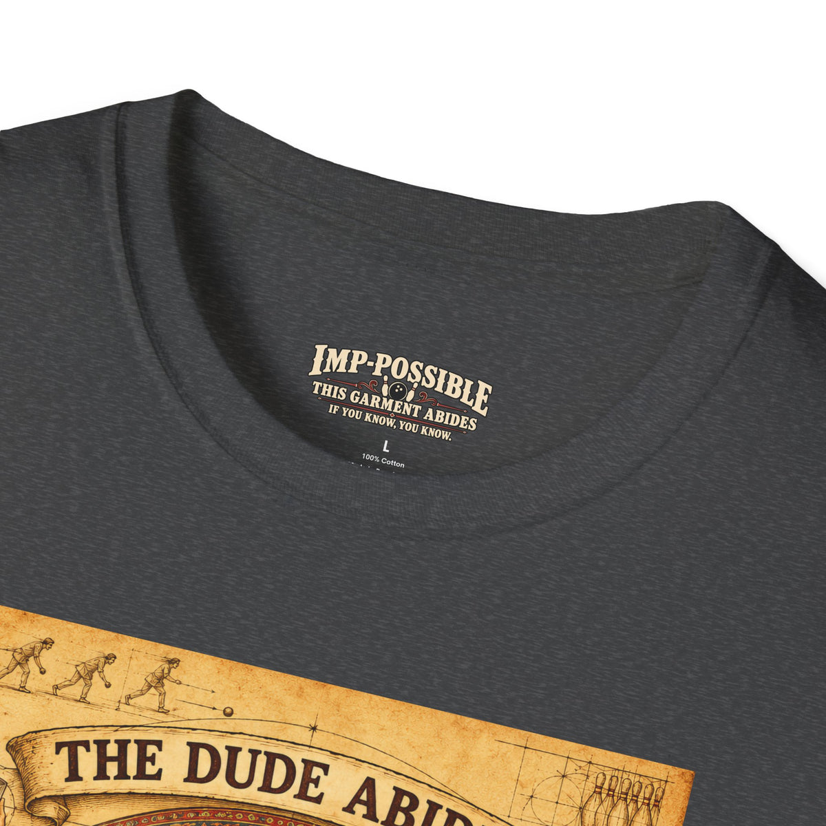 Dark Heather collar close-up showing the IMP-POSSIBLE This Garment Abides inner neck print.