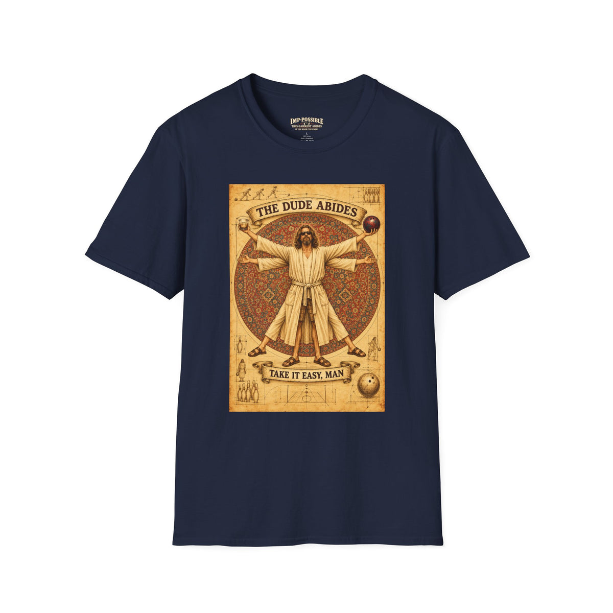 Navy The Dude Abides T-shirt, front view with vintage parchment bowling artwork.