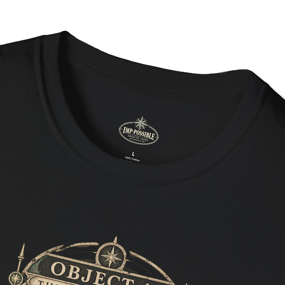 Black Object 47 T-shirt with custom IMP-POSSIBLE neck label