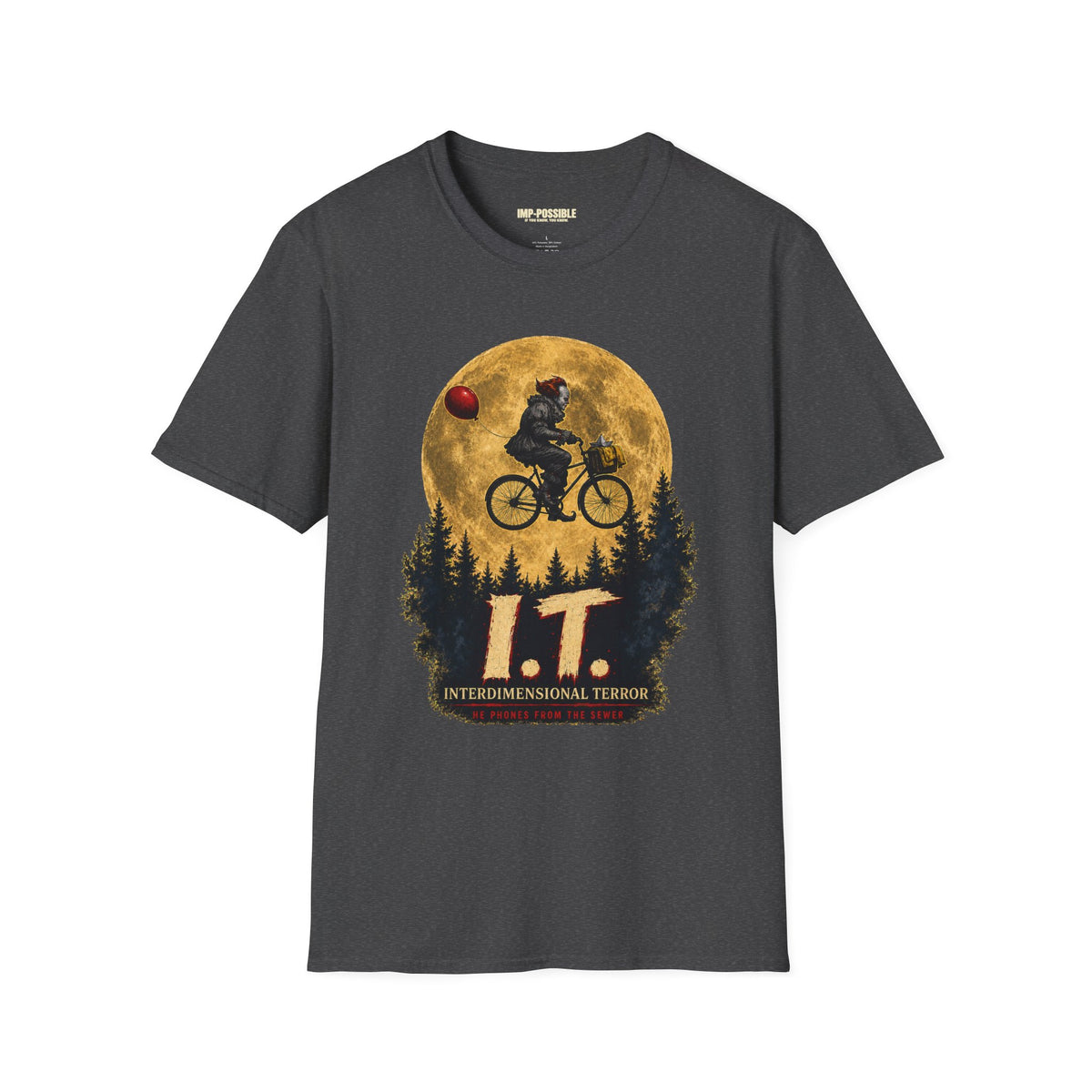 I.T. Interdimensional Terror horror parody T-shirt in Dark Heather with moonlit bicycle artwork
