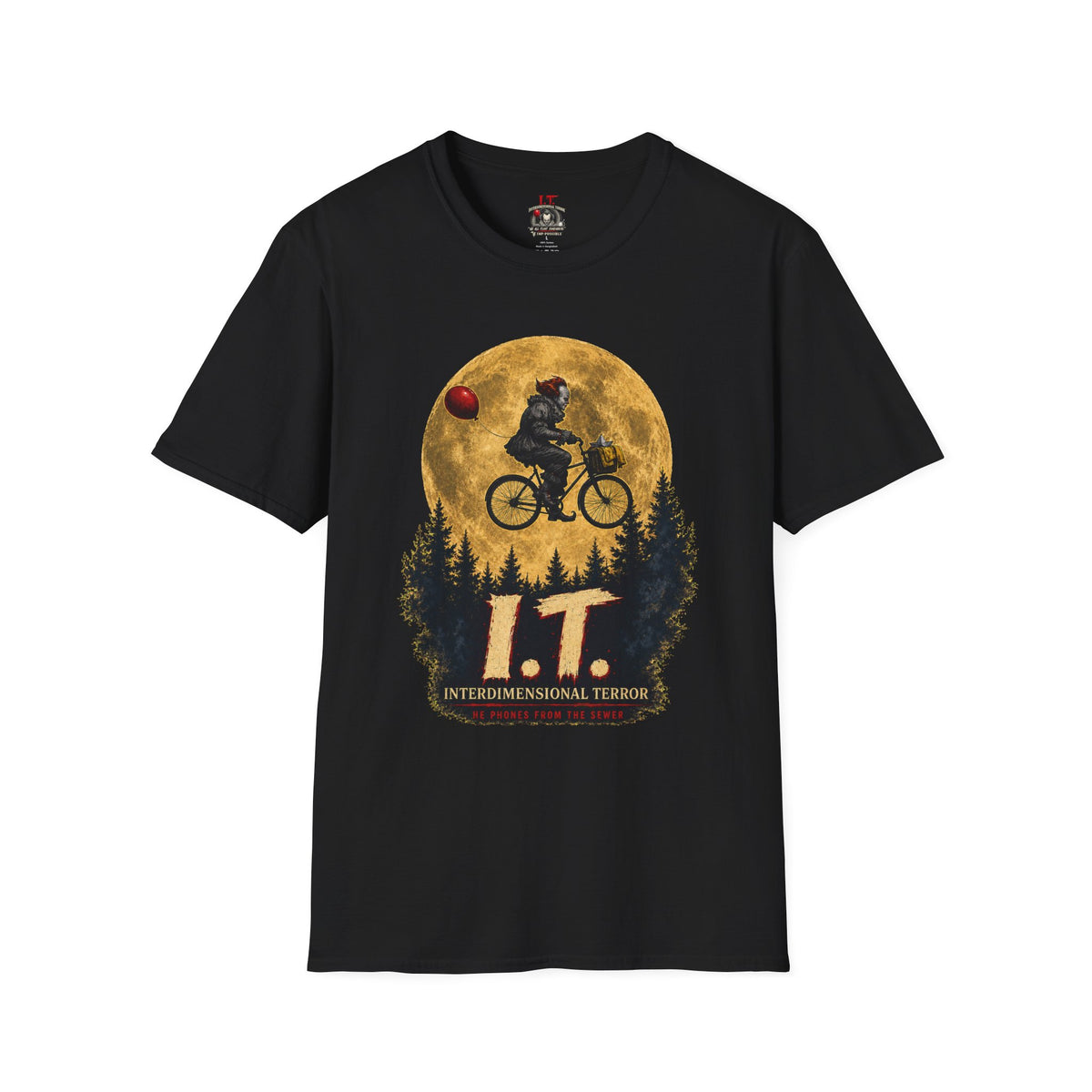 Black I.T. Interdimensional Terror T-shirt featuring a sinister clown bicycling across a full moon with a red balloon
