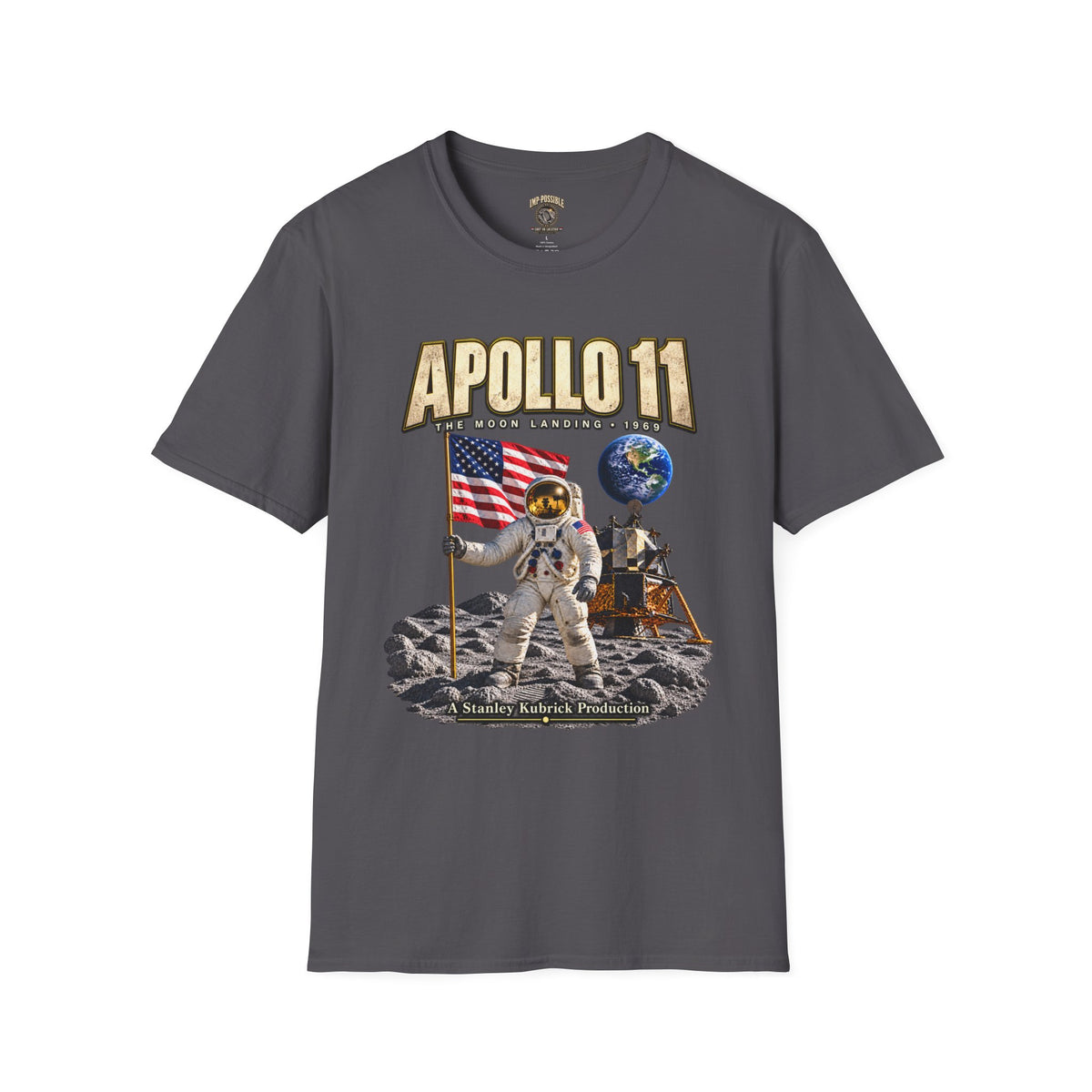 Apollo 11 moon landing parody T-shirt in Charcoal – front product mockup