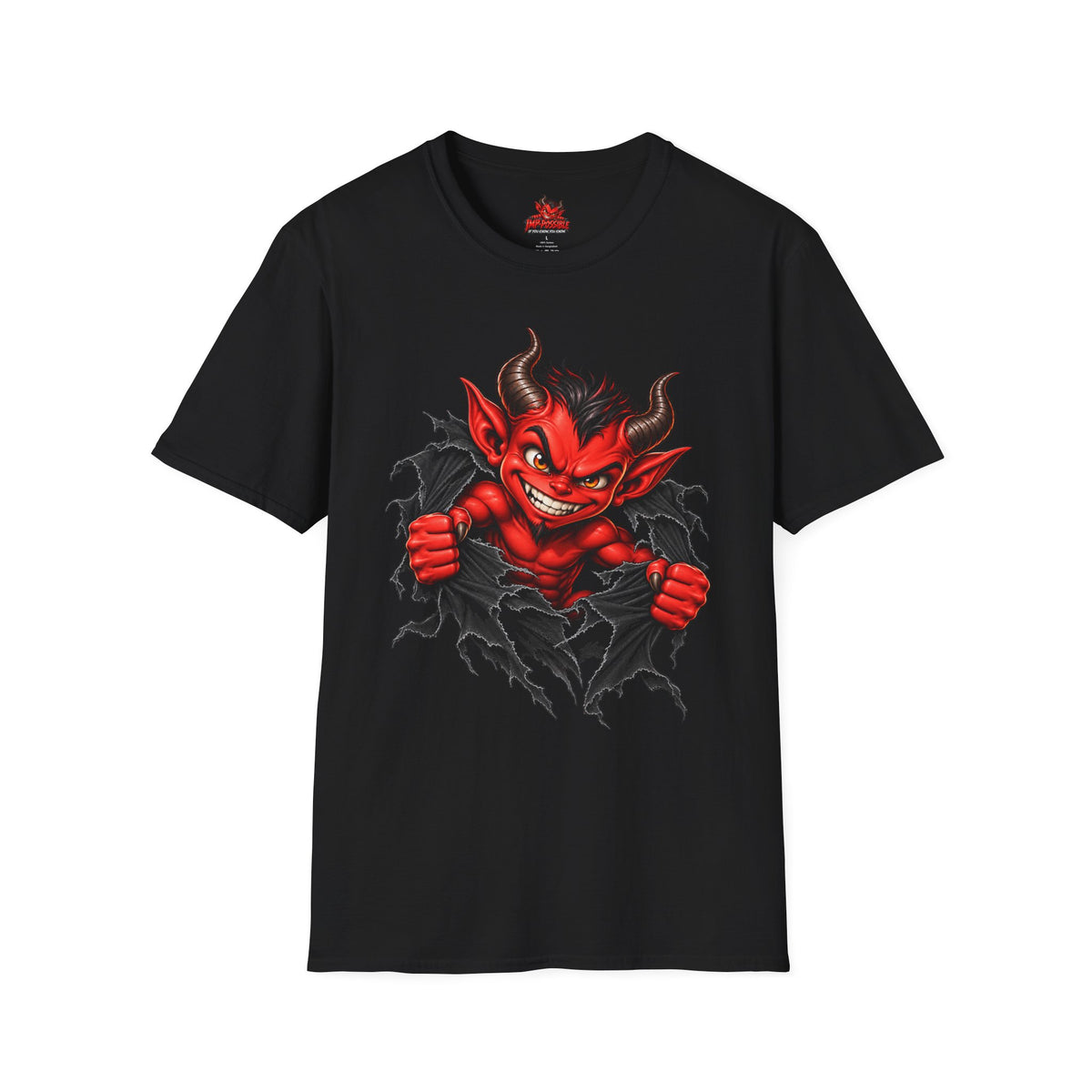 Ripping Imp original IMP-POSSIBLE red devil graphic printed on the front of a solid Black Gildan 64000 T-shirt