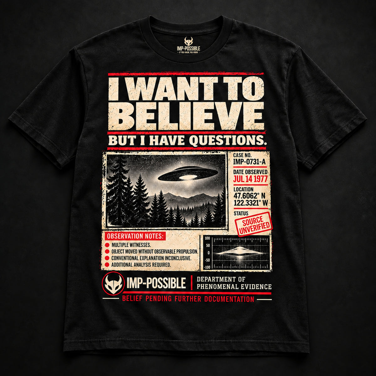 Front view of the black I Want to Believe T-shirt with cream and red UFO dossier artwork.