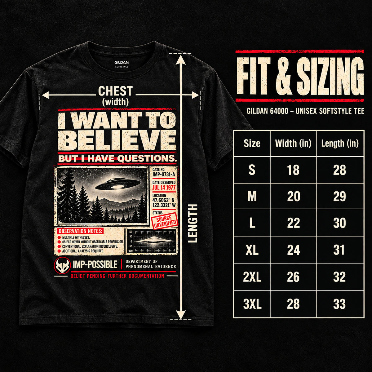Gildan 64000 size chart showing flat garment width and length in inches for sizes S through 3XL.
