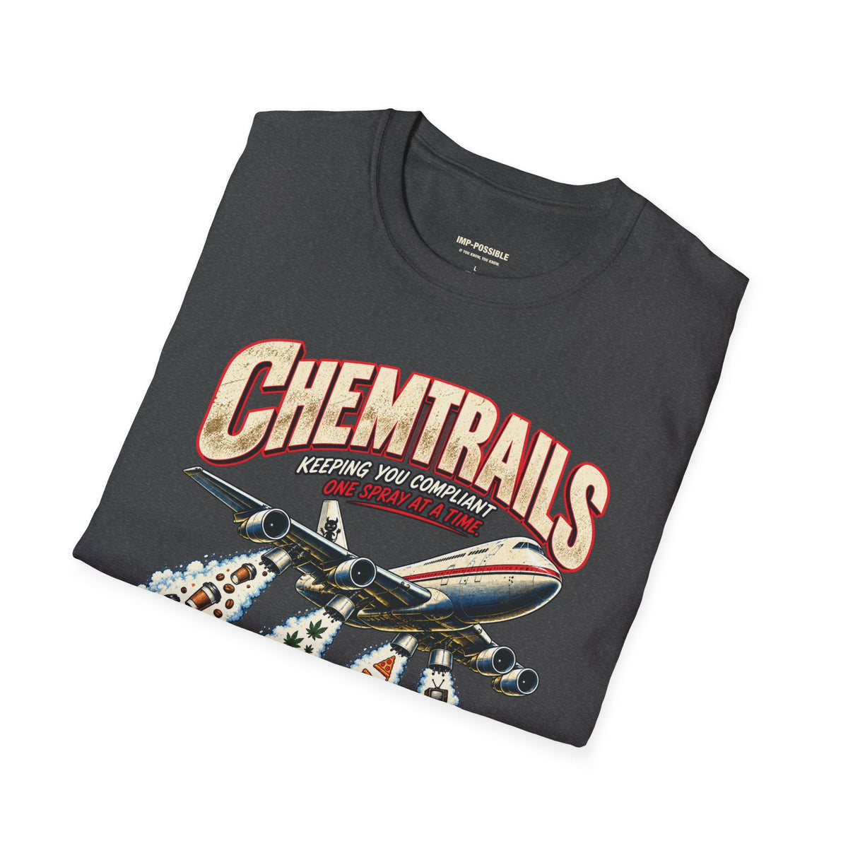 Folded dark heather CHEMTRAILS graphic shirt