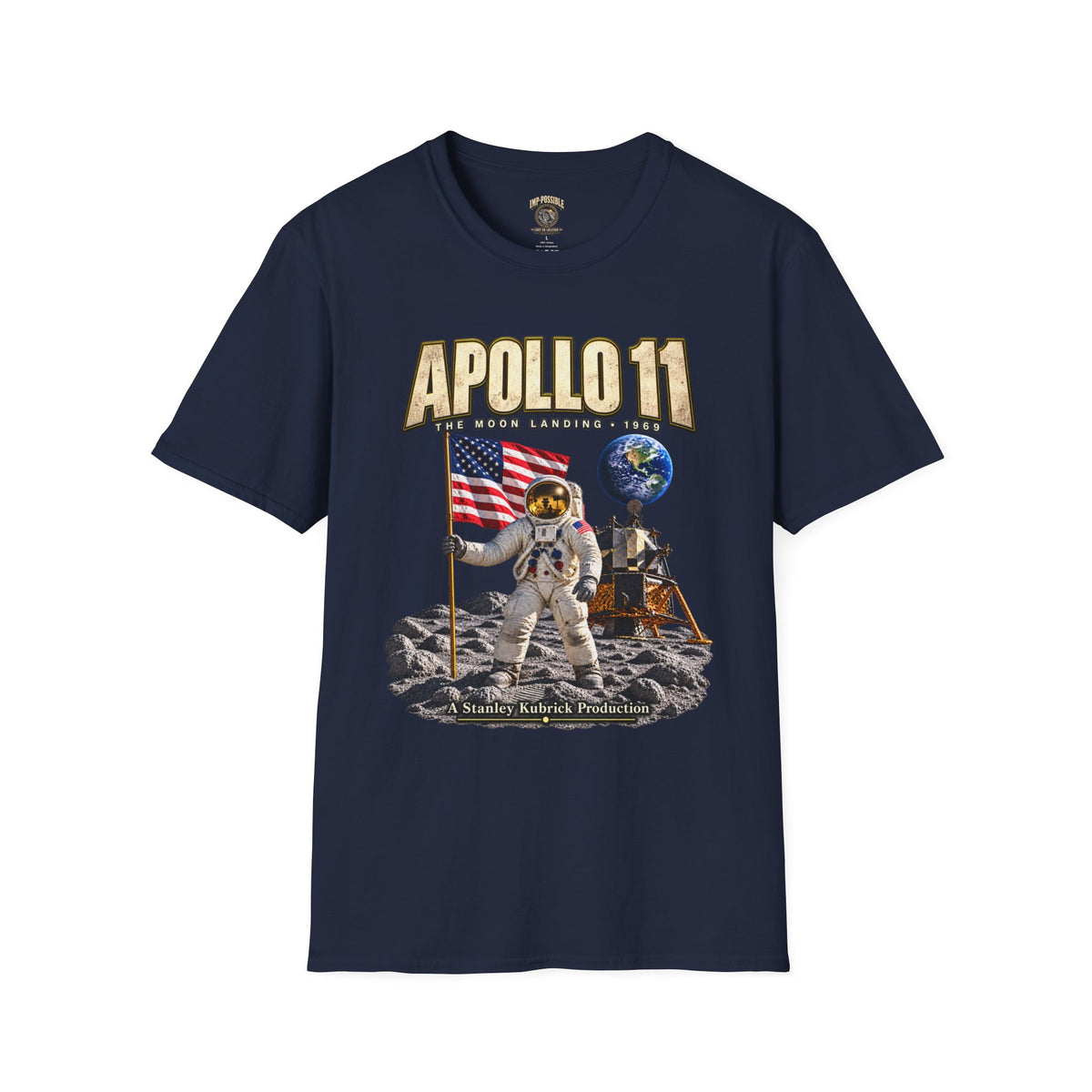 Apollo 11 space conspiracy graphic T-shirt product mockup