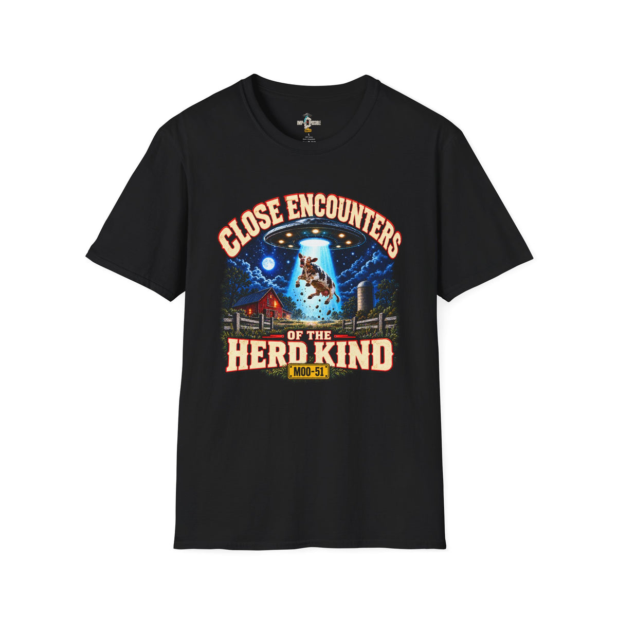 Black Close Encounters of the Herd Kind T-shirt with a UFO lifting a cow, shown from the front.