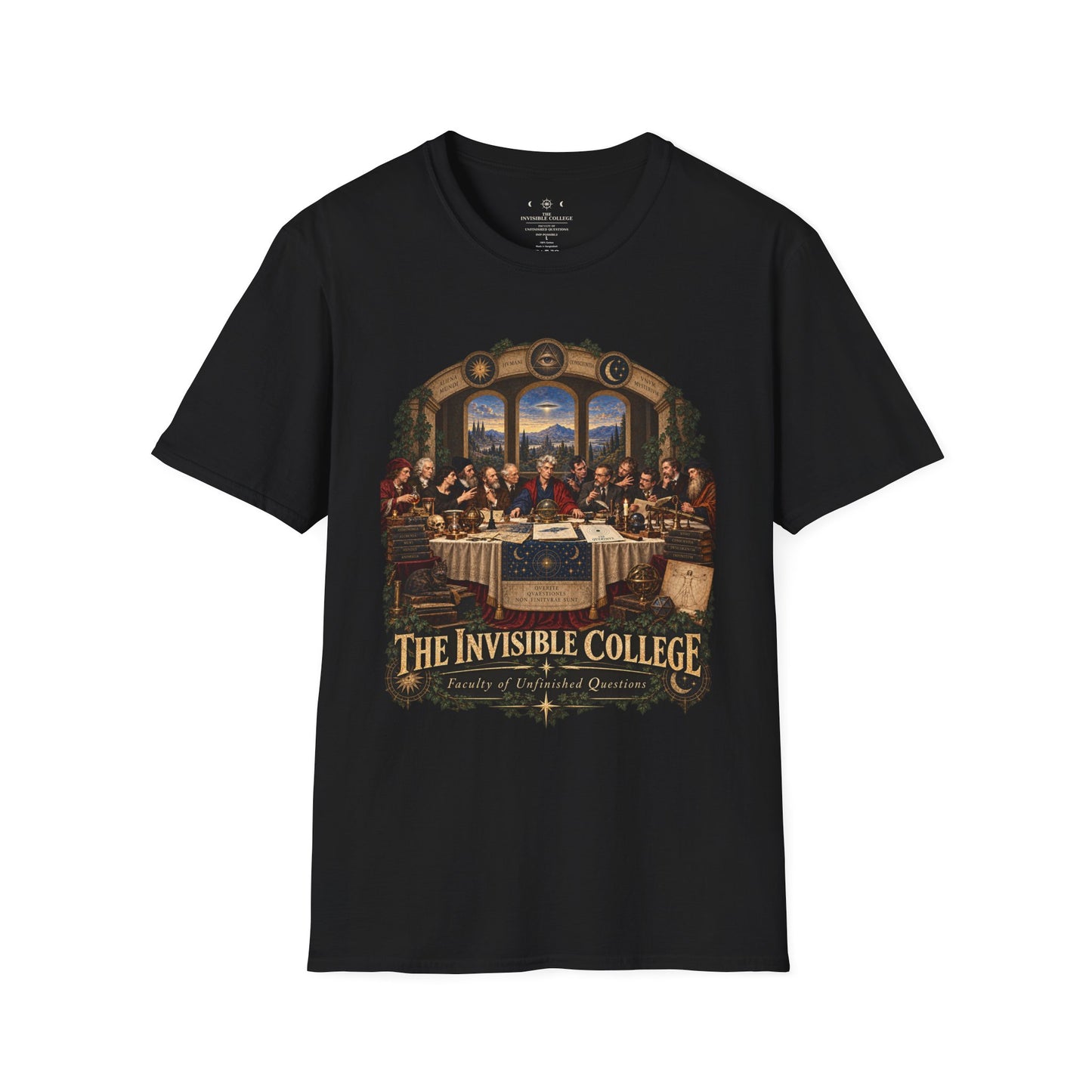 The Invisible College Faculty of Unfinished Questions T-shirt – front product mockup