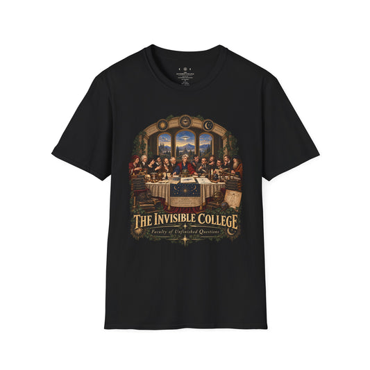 Black Invisible College Faculty of Unfinished Questions T-shirt, front view