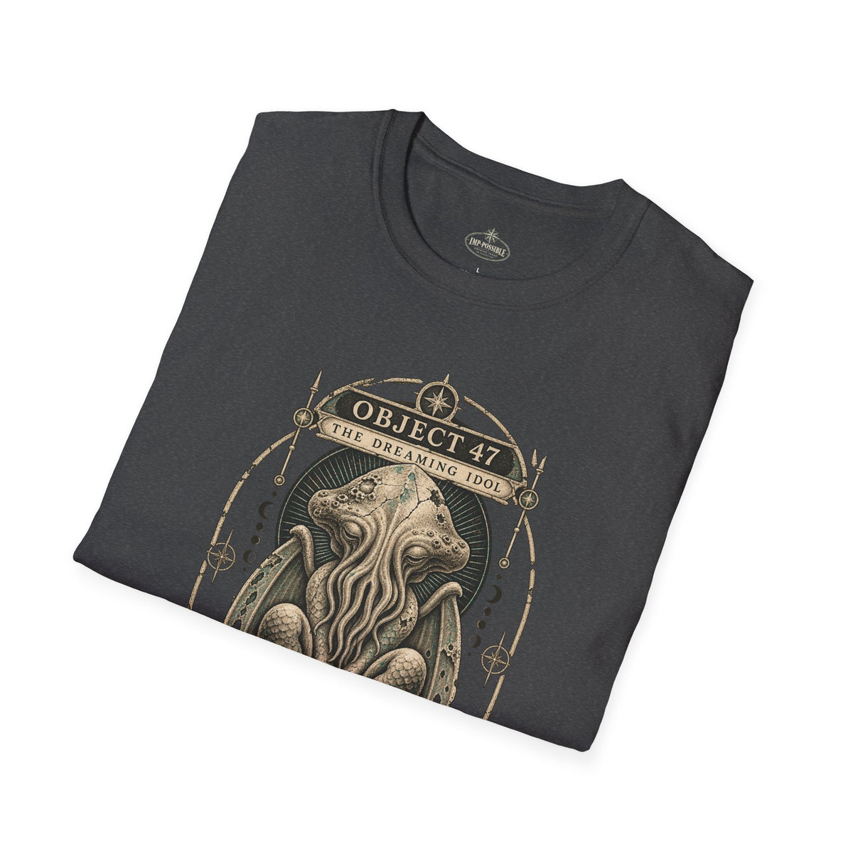 Dark Heather Object 47 The Dreaming Idol graphic T-shirt, folded mockup