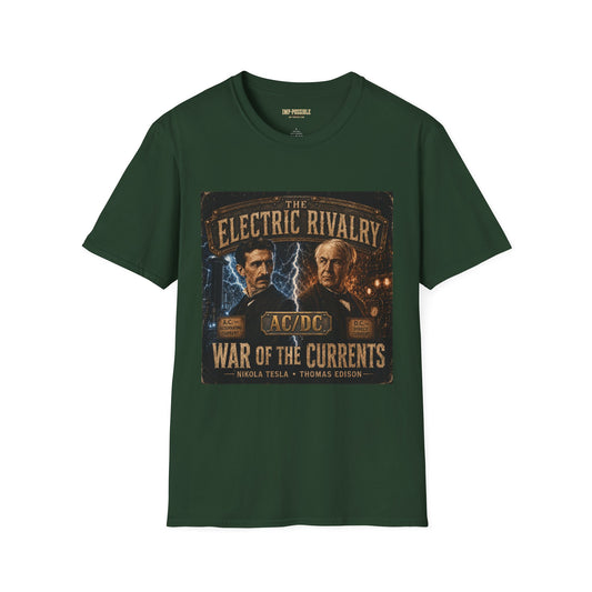 Forest Green Tesla vs. Edison War of the Currents T-shirt, front view
