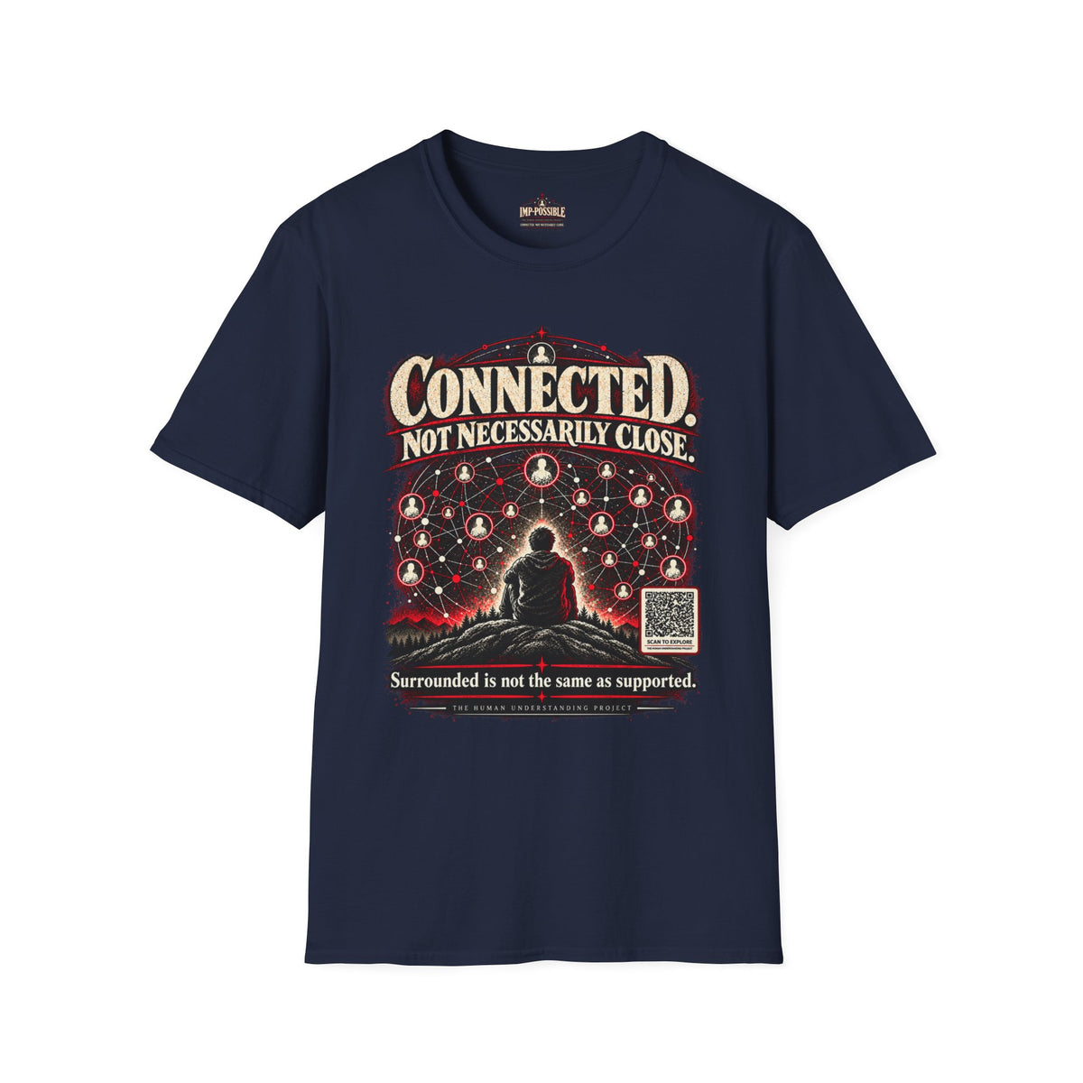 Connected. Not Necessarily Close. Navy T-shirt, front design with network diagram and Human Understanding Project message.