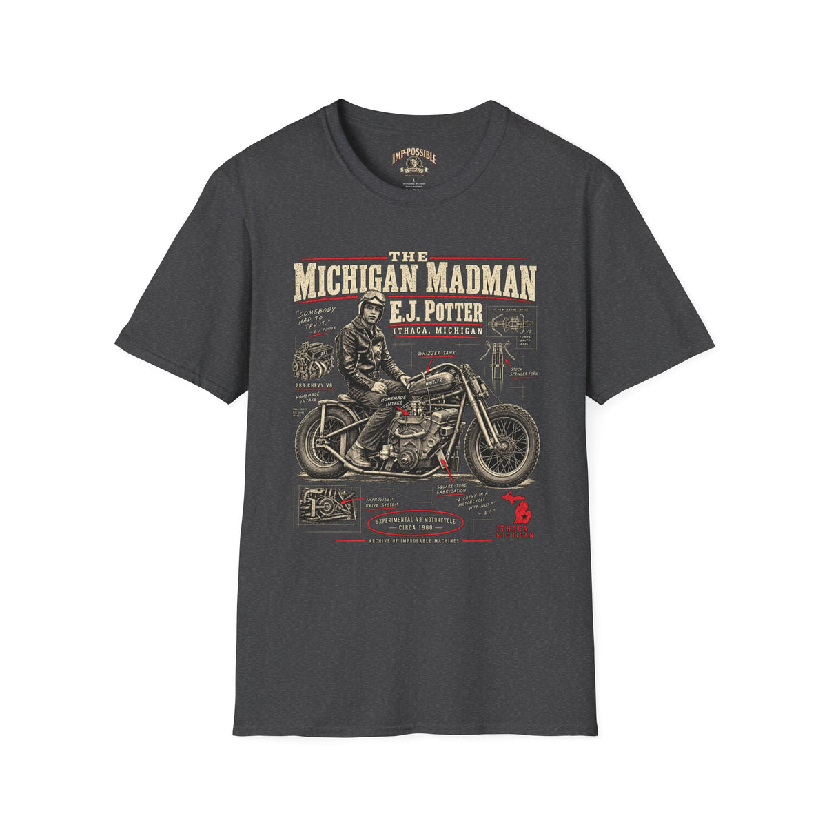 E.J. Potter Michigan Madman V8 motorcycle T-shirt by IMP-POSSIBLE