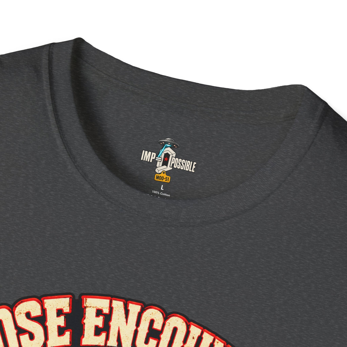 Close-up of the Close Encounters T-shirt neckline and IMP-POSSIBLE neck print, with part of the front graphic visible.