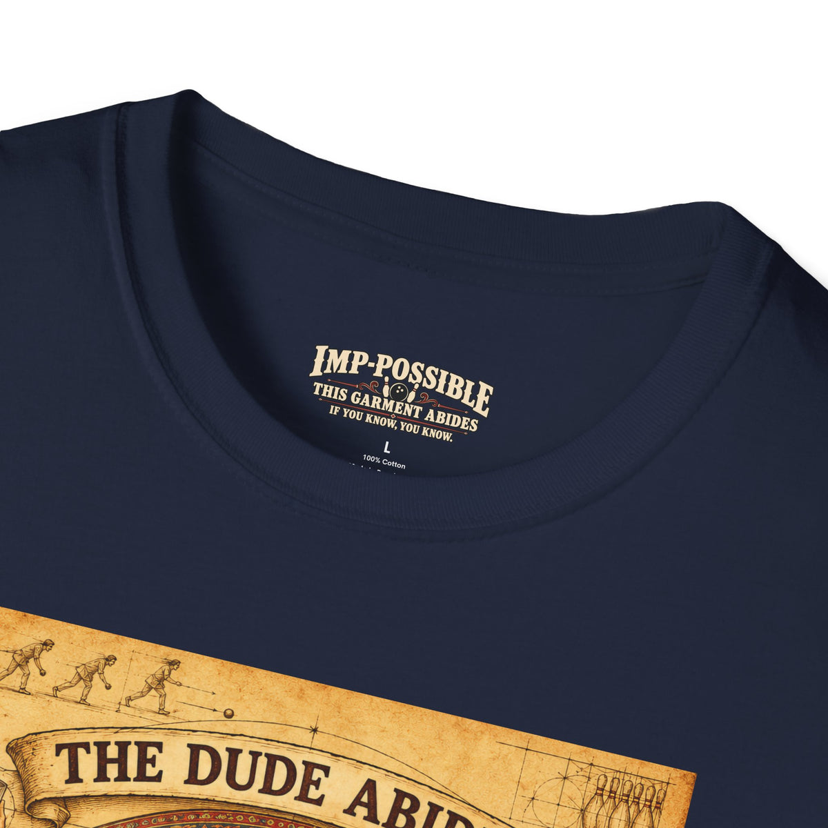 Navy collar close-up showing the IMP-POSSIBLE This Garment Abides inner neck print.