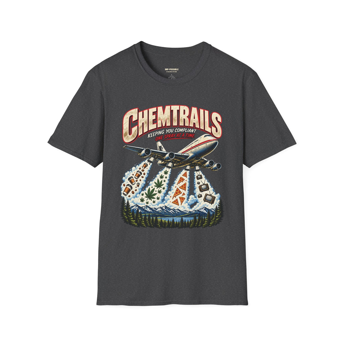 Front view of the dark heather CHEMTRAILS graphic T-shirt